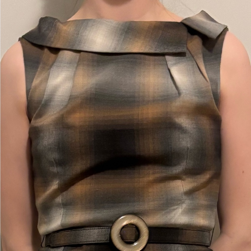 David Meister plaid dress with built-in belt